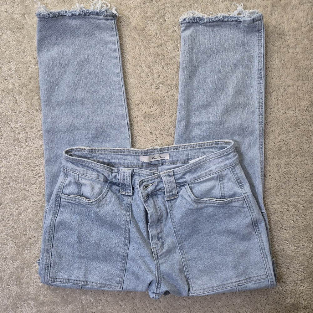 Kancan High Rise Cargo Jeans 7/27 Light Wash Blue Actual 30 Slim Straight Ankle